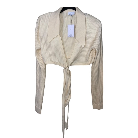 NWT DANIELLE BERNSTEIN Ivory Wrap Tie Waist Cable Knit Cropped Sweater XL - Picture 7 of 10